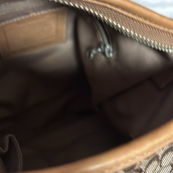 COACH Shoulder Bag Brown Leather/Canvas Adjust. Strap Zip “C” Logo 11 X11 Purse - Picture 4 of 7